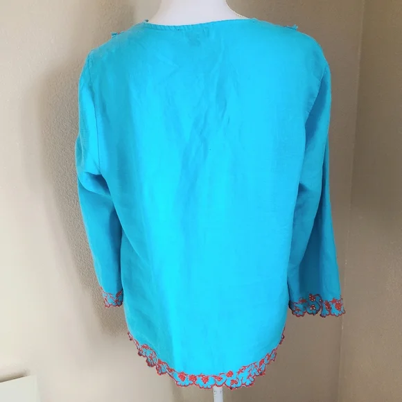 j. crew linen top embroidered turquoise blue size M - Picture 3 of 6